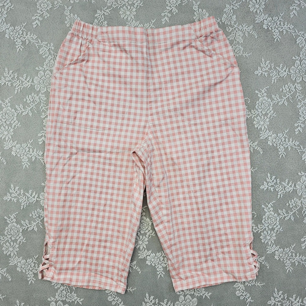 Croft & Barrow Gingham Capri Pants Women's 1X Cropped‎ Pink White Stretch Waist